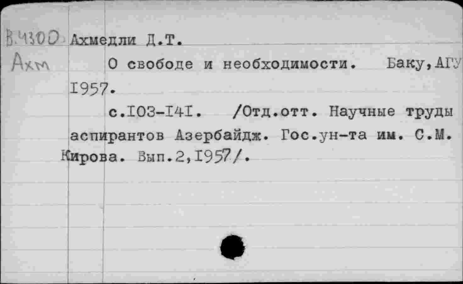 ﻿;	Ахмед ли Д.Т.
О свободе и необходимости. Баку,АГ 1957-
с.103-141. /Отд.отт. Научные труды аспирантов Азербайдж. Гос.ун-та им. С.М. Кирова. Вып.2,1957/.